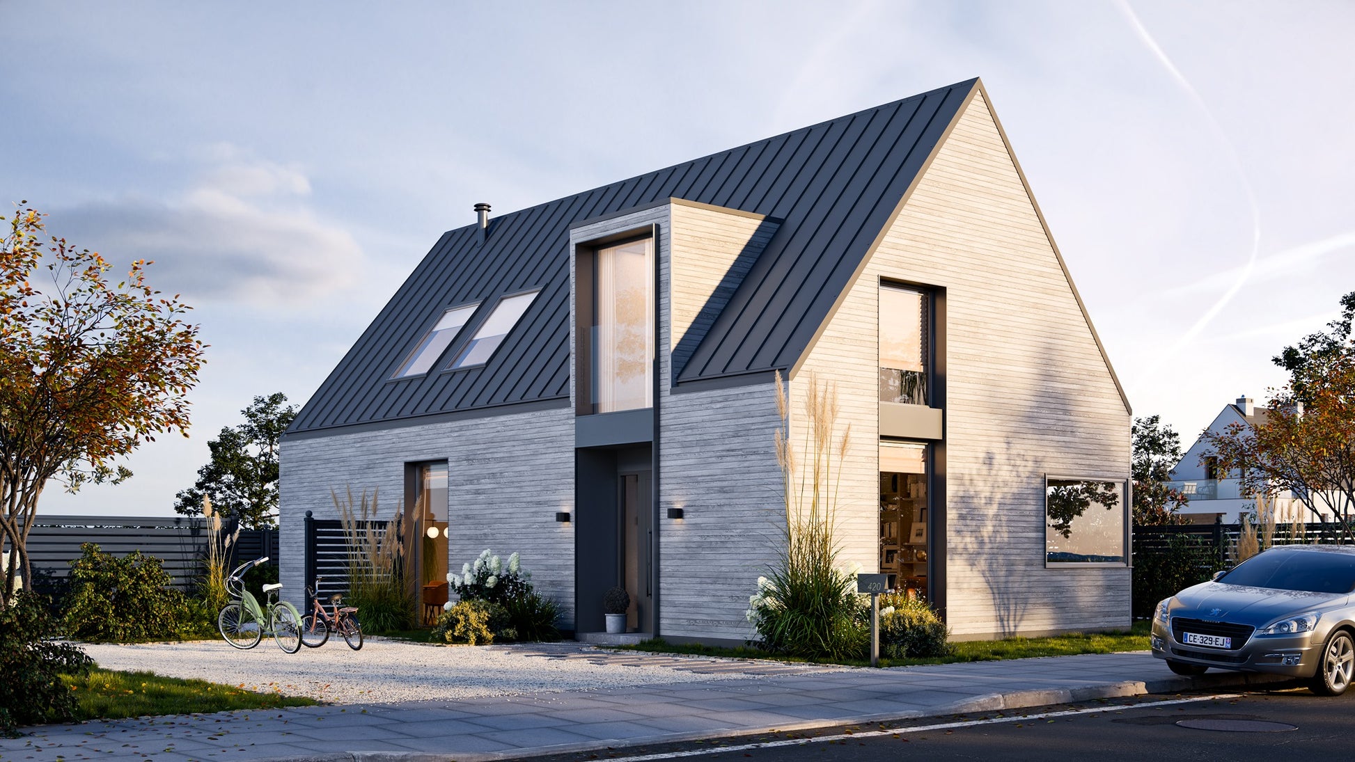 Modern house with a gray roof and wooden facade on a clear day - exterior cladding panels 