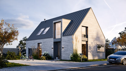 Modern house with a gray roof and wooden facade on a clear day - exterior cladding panels 