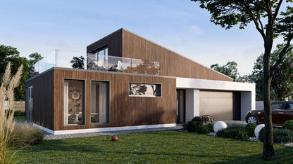Modern house with wooden exterior cladding facade and glass windows in a suburban setting