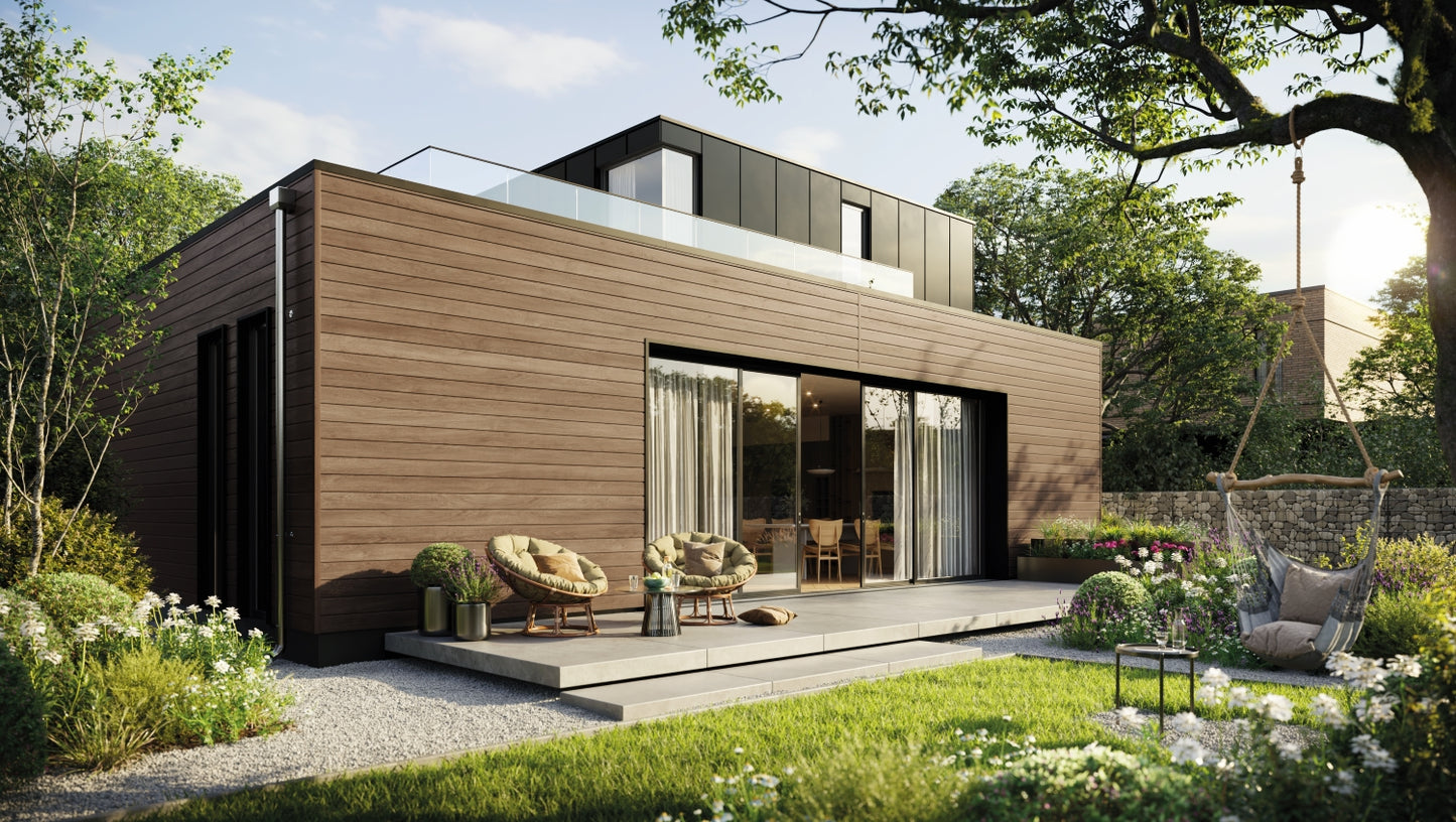 Lifestyle image of solvo cladding chocolate oak on the exterior of a building.